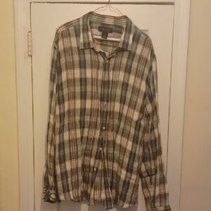 Men's 100% Linen Plaid Shirt - Green and Brown By Bloomingdale's